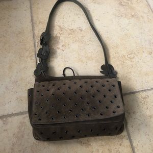 Prada suede grommet shoulder bag w/ leather flower